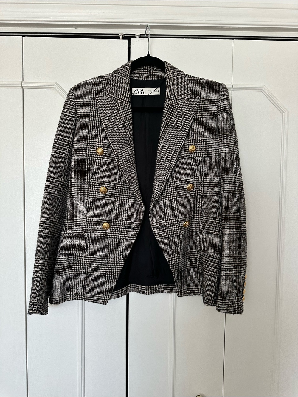 ZARA Black and White Glen Plaid Double-Breasted Blazer with Gold Buttons